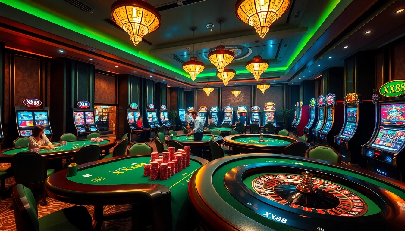 Gambling excitement at XX88 with players enjoying poker and slots in a luxurious casino setting.