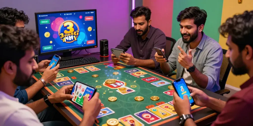Pakistani players enjoying multiplayer games on 3 Patti No1 app, surrounded by vibrant digital graphics.