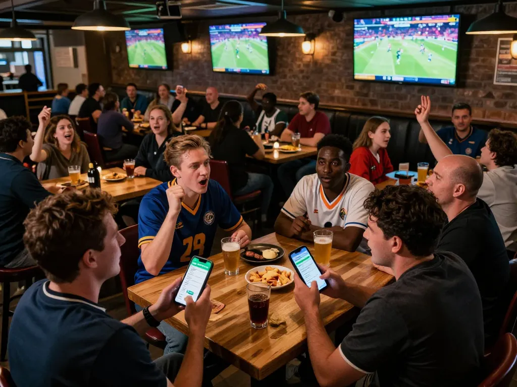 Discover the excitement of sports betting South Africa in a lively sports bar with fans engaged in betting activities.