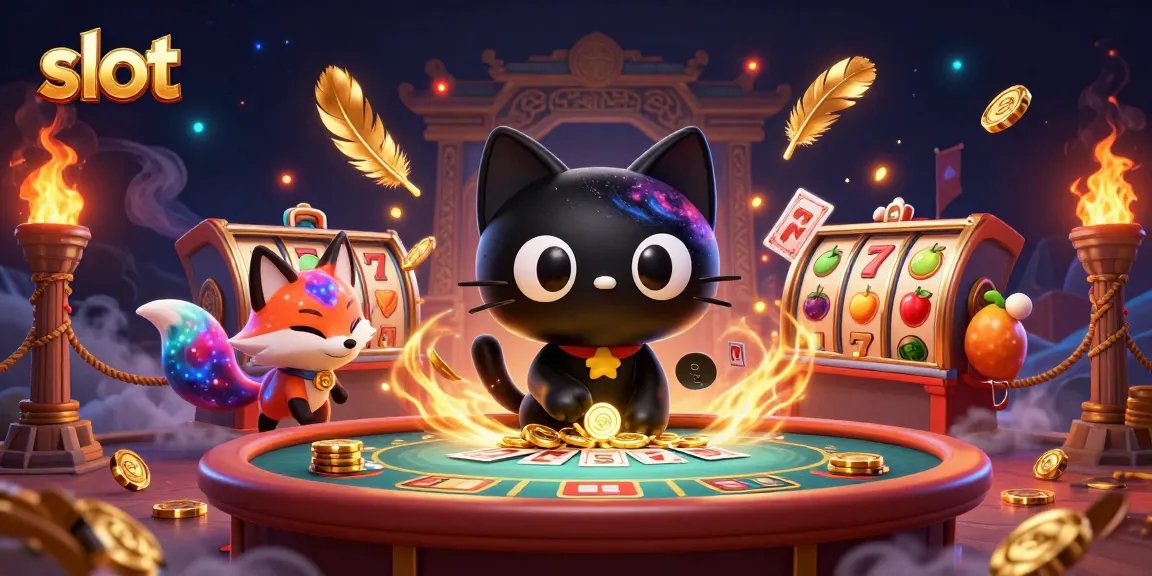 Putar slot dengan kucing lubang hitam dan rubah nebula di kasino 3D yang penuh warna.