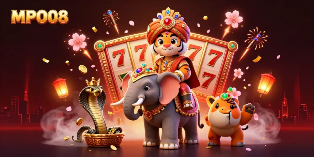 MPO08 showcases a vibrant 3D scene with a maharaja tiger and an elephant amidst slot reels and festive elements.