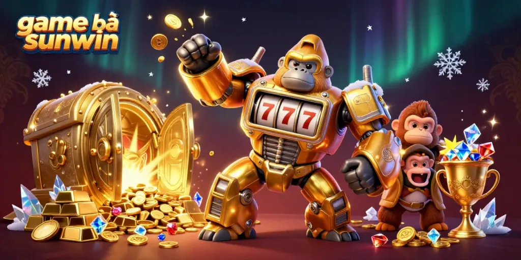 Experience the excitement of game bài sunwin with an explosive golden gorilla mech amidst treasures.
