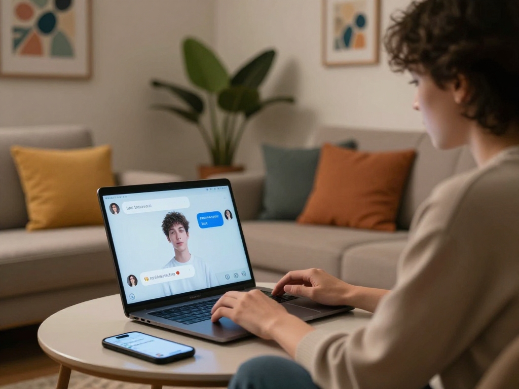 Engaging in ai porn chat with a virtual companion in a cozy digital space.