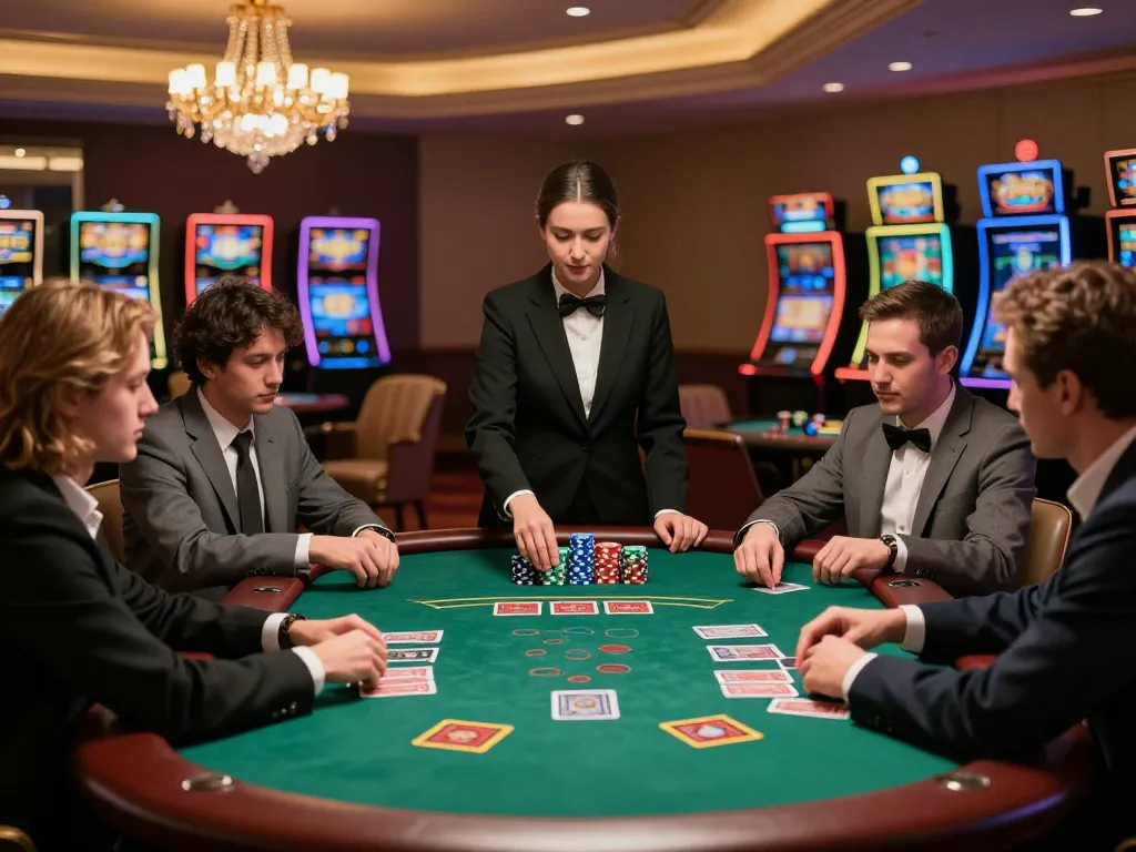 Players enjoying a thrilling game of blackjack at Fun 88's luxurious casino table under warm lighting.