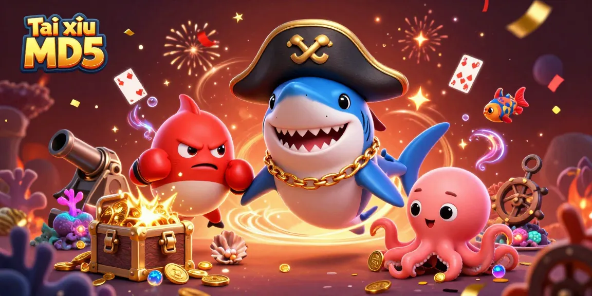 Tài xỉu MD5 adventure featuring a pirate shark, pufferfish, and octopus surrounded by gold coins and casino elements
