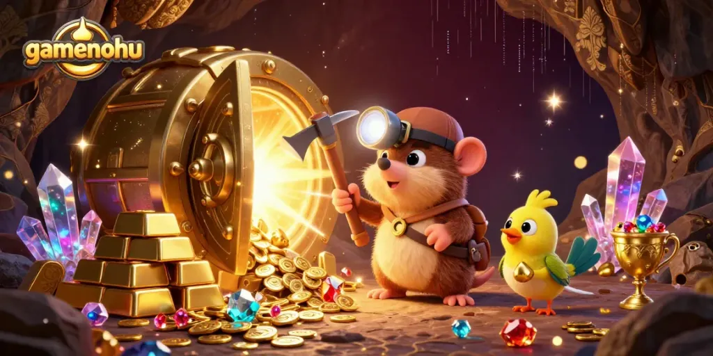 Experience the thrill of gamenohu with a treasure hunter mole discovering gems and gold in a vibrant underground casino.