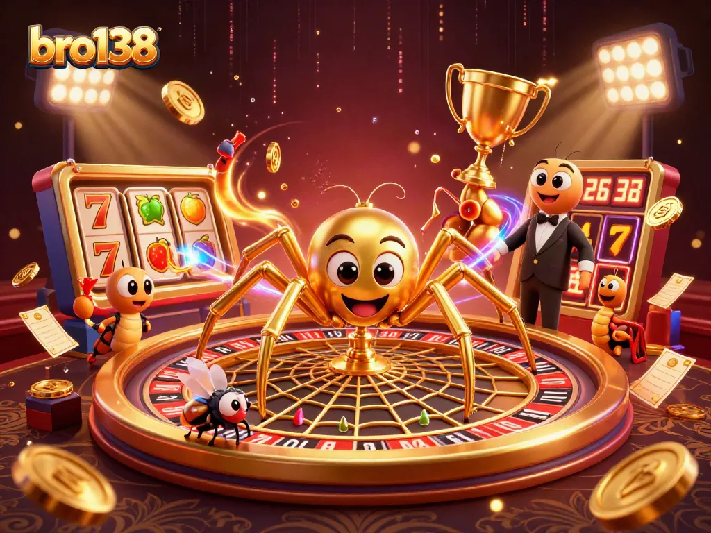 Bet with bro138 at a vibrant roulette wheel designed by a golden spider, featuring dynamic slot reels and sports elements.