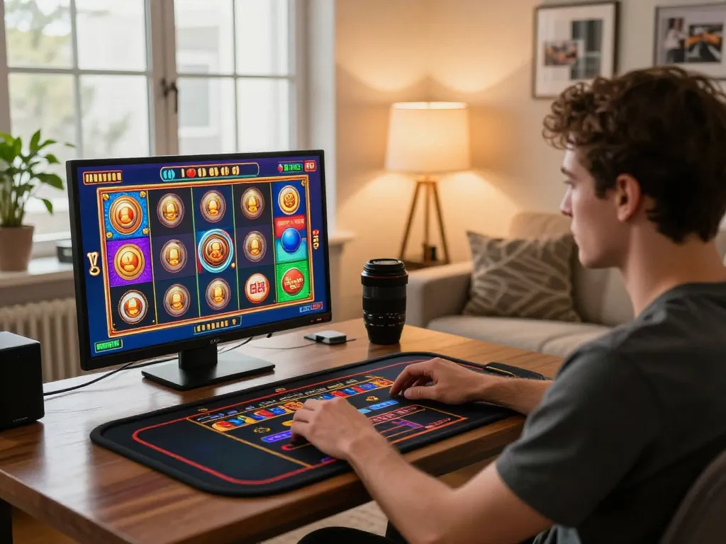 A player enjoying an engaging mm88 mobile slot game in a cozy home setup with vibrant graphics and warm lighting.