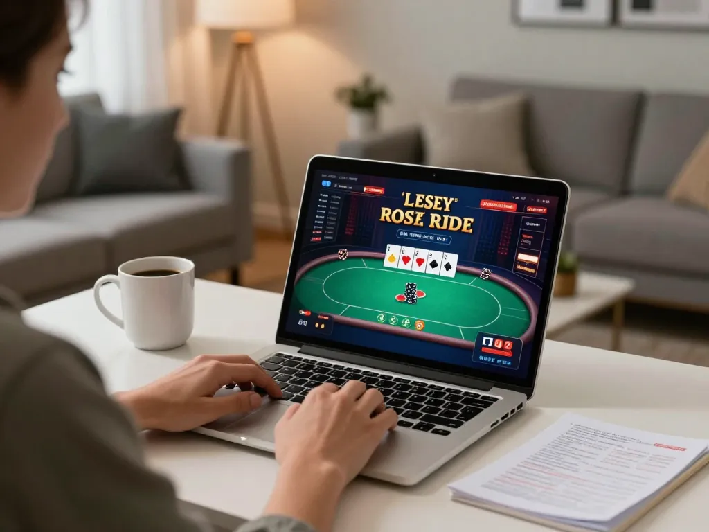 Player engaging with online casino game on laptop, surrounded by notes for strategic lsa insights.