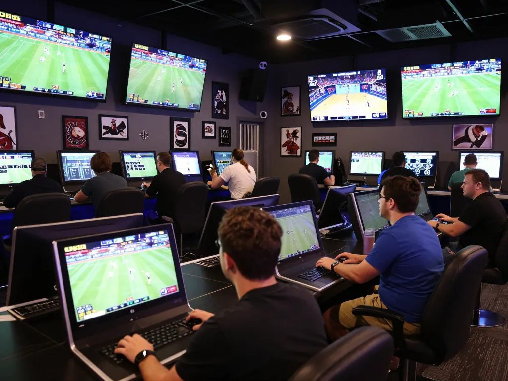 Bettors engaging in live sports betting at kuwinfi with multiple screens displaying games and dynamic atmosphere.