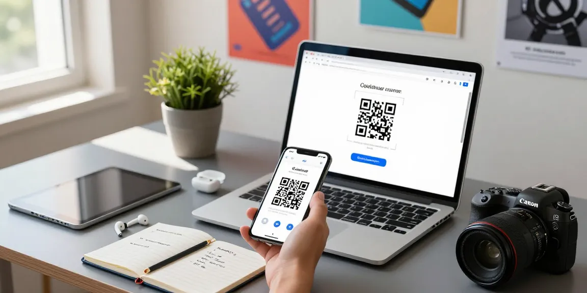 Individual using a qr code scanner on a smartphone in a modern home office setting.