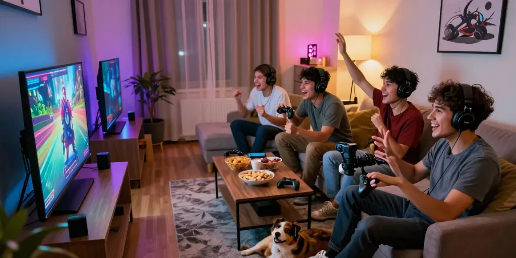 Group of friends enjoying a multiplayer gaming session on lotus365 with snacks and colorful LED lights