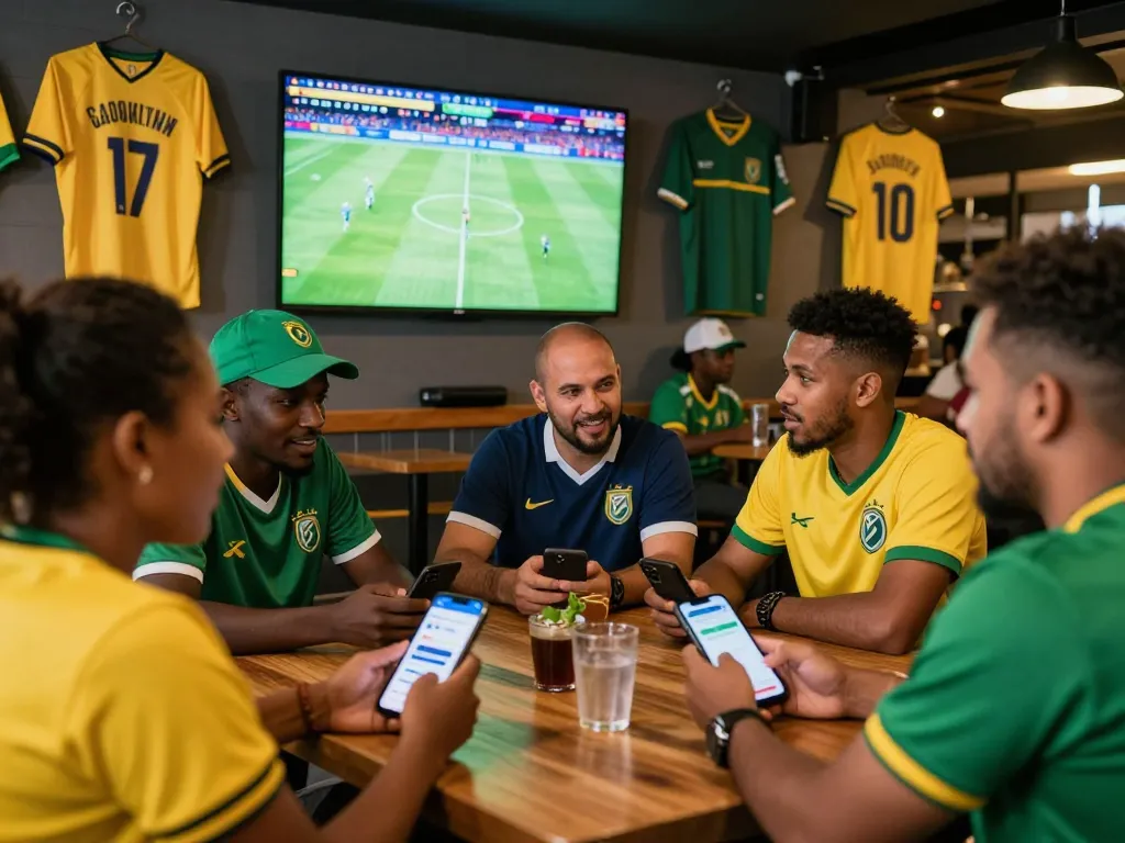 Engaged fans enjoying sports betting South Africa at a lively bar during a live soccer match