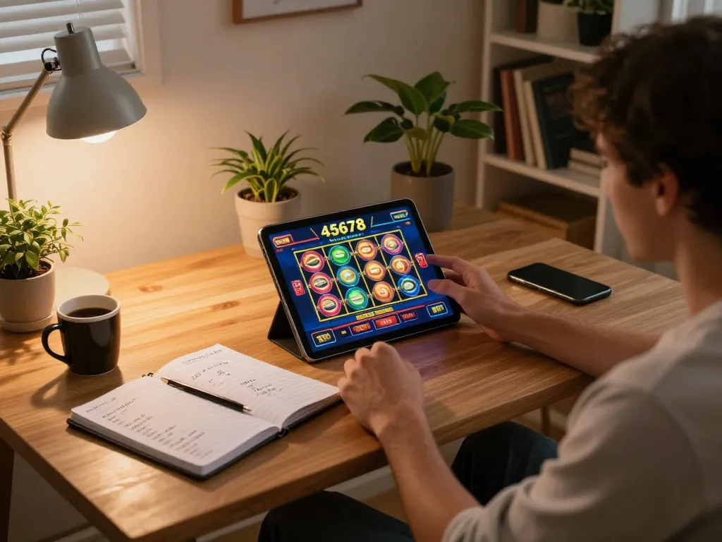 Engaging in online gaming at 45678 casino, a player uses a tablet for slots, highlighting a cozy setup.