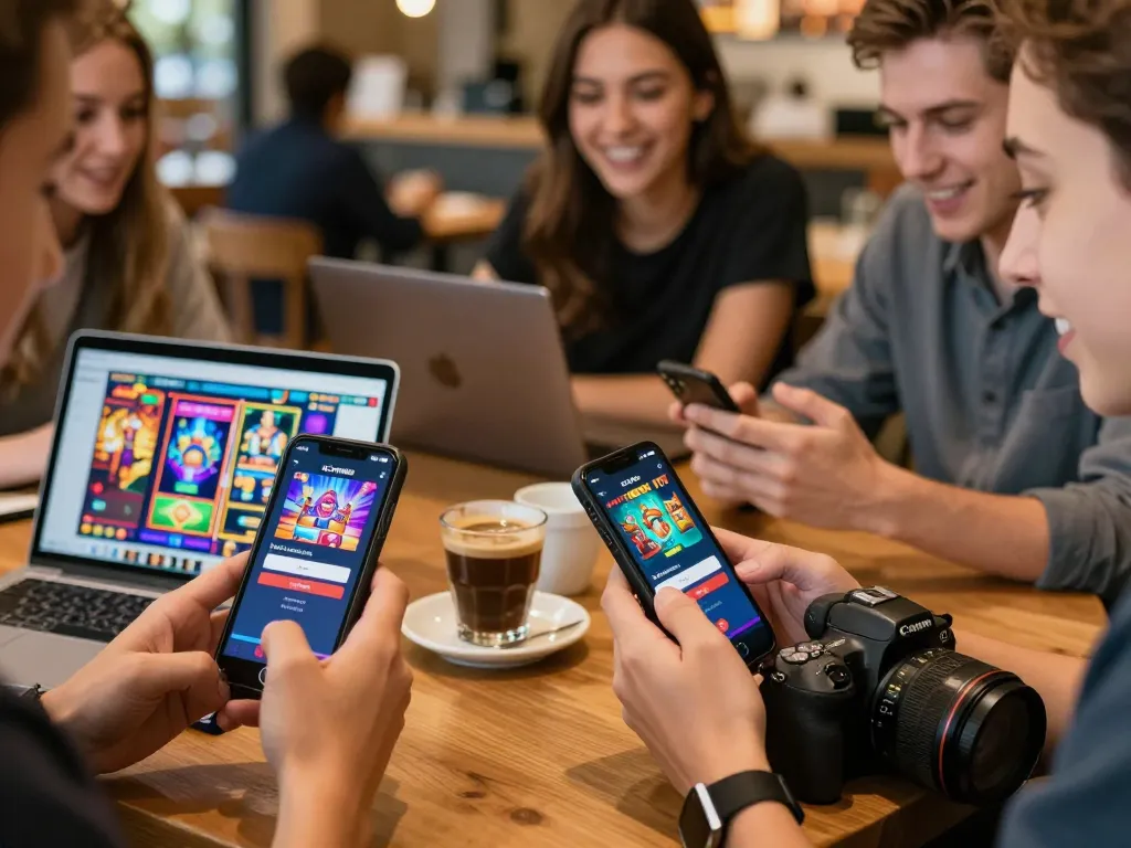 Engaging with IDCWIN88 Login screen on mobile devices at a café, showcasing modern gambling lifestyle