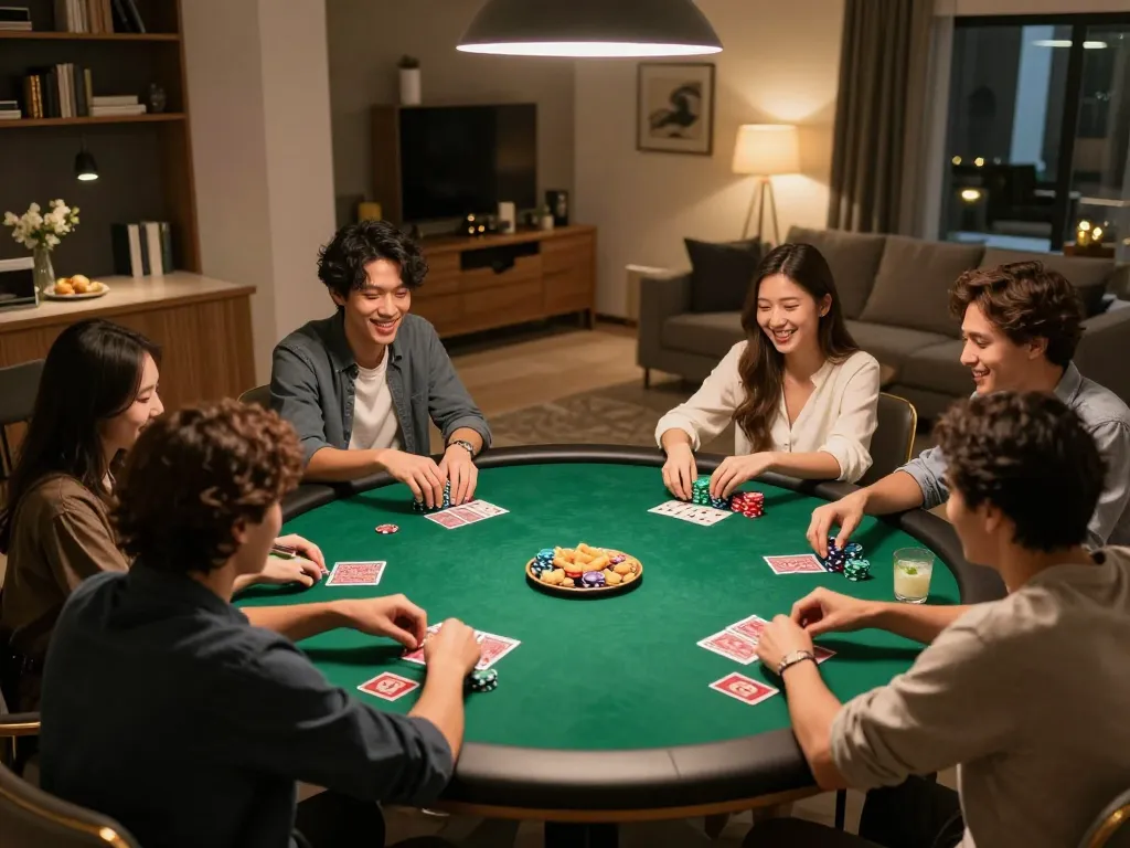 A social poker night with friends enjoying a game featuring ty le keo accurately reflected in stakes.