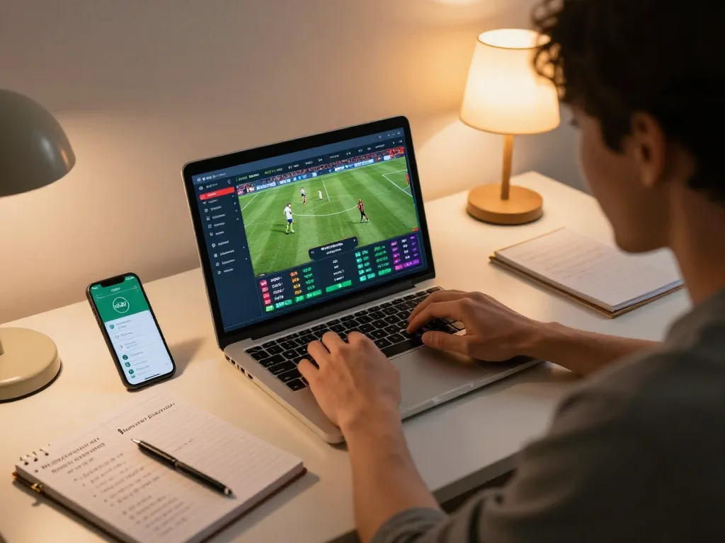 Soi kèo: Person analyzing betting odds on laptop during an online sports betting session