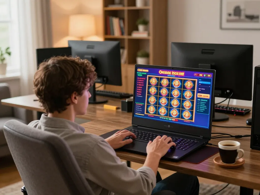 Person engaging in online gambling at home using a laptop showcasing okfun slot games.