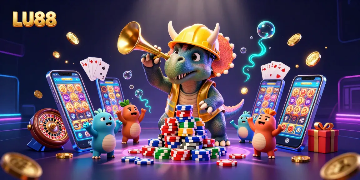LU88 showcases an exciting 3D celebration of gaming, including slot machines and poker chips, in a vibrant casino-themed scene.
