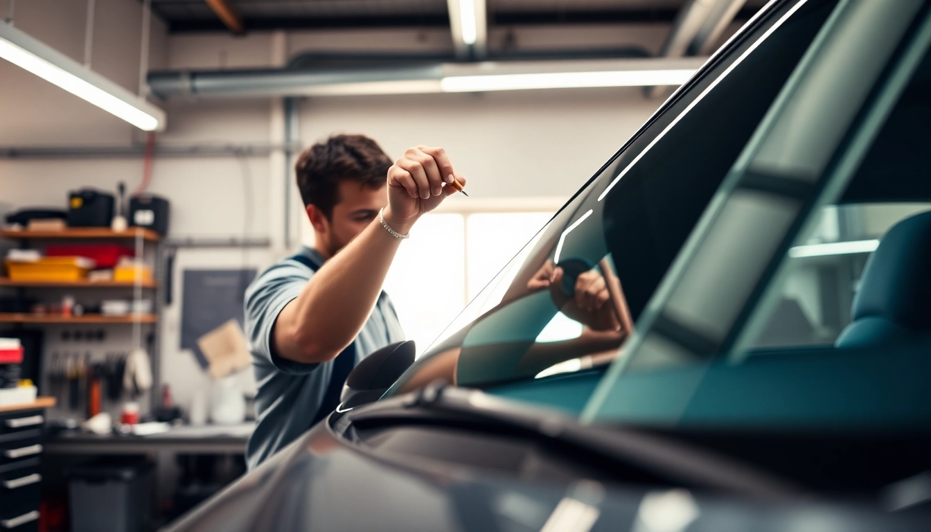 Window tinting Cleveland TN: Expert technician applying high-quality tint to a car windshield.