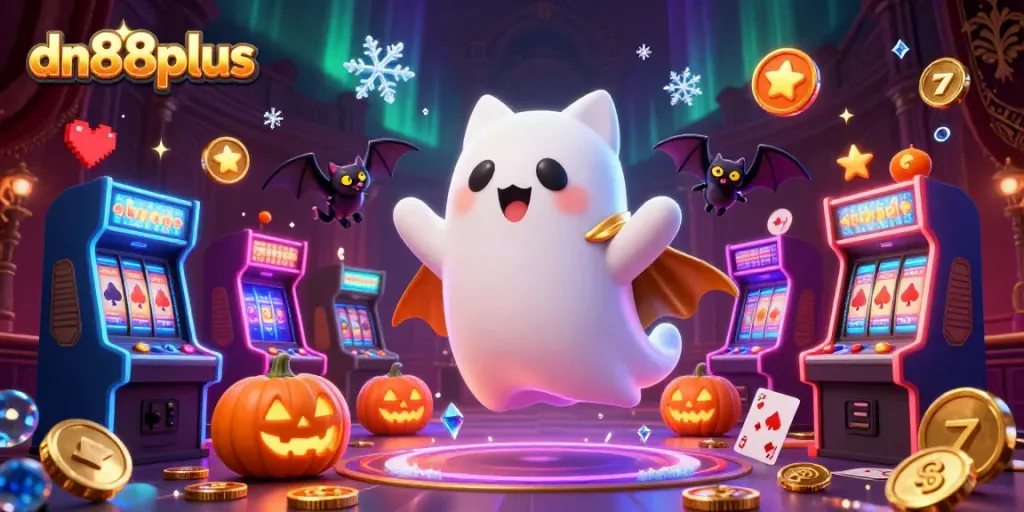 Engage with exciting gameplay at dn88plus with a friendly ghost cat, a vampire bat, and glowing game elements.
