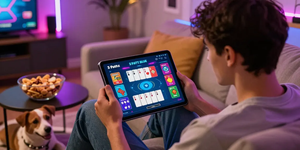 Download now to join the fun with 3 Patti Blue, showcasing vibrant online gaming experience on a tablet.