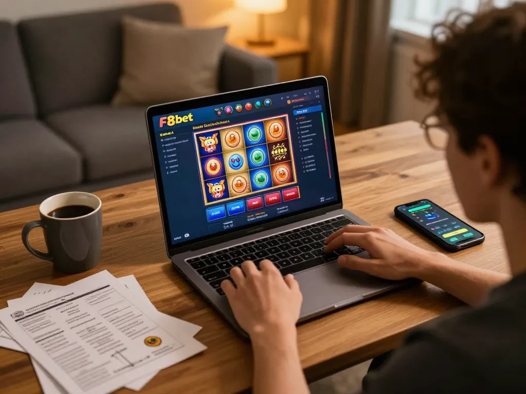 F8bet player enjoying a thrilling gaming session on a laptop at home with vibrant visuals.