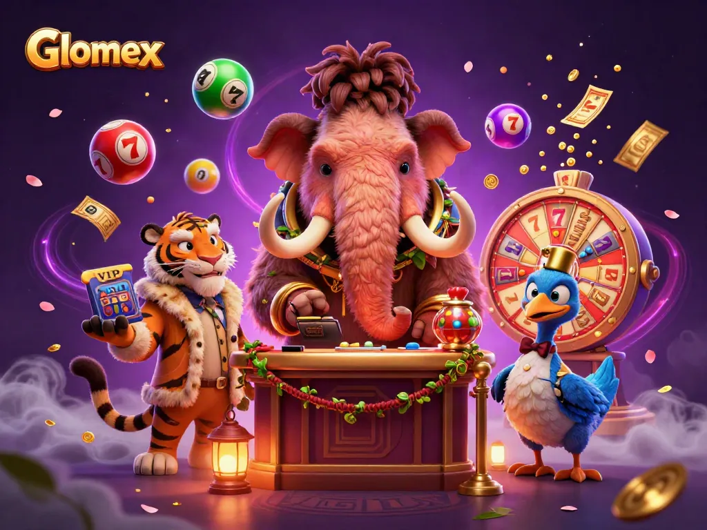 Glomex captures the excitement of rolling in winnings with vibrant lottery-style elements at a casino door.