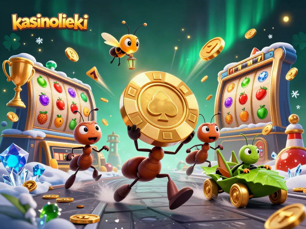 Kasinoliekki esittelee 3D-animoidut muurahaiset varastamassa suurta pokerimerkkiä, voittoja ja slotteja ympärillään.