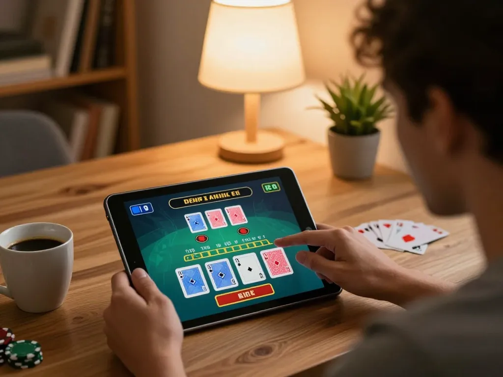 Player enjoying a live dealer blackjack game on 68win in a cozy home setting