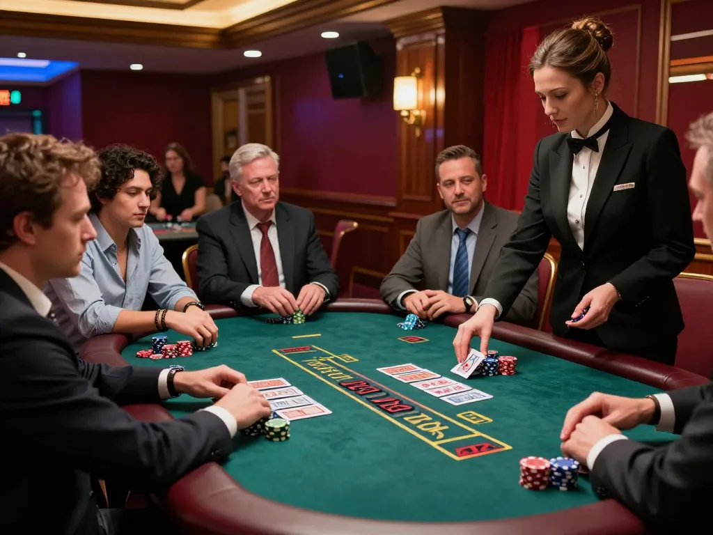 Players strategizing at the HIT CLUB blackjack table, vibrant casino atmosphere.