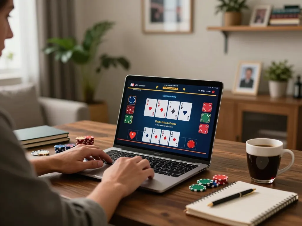 Engaging poker session at home with Luck8 on laptop displaying betting options and strategy notes visible.