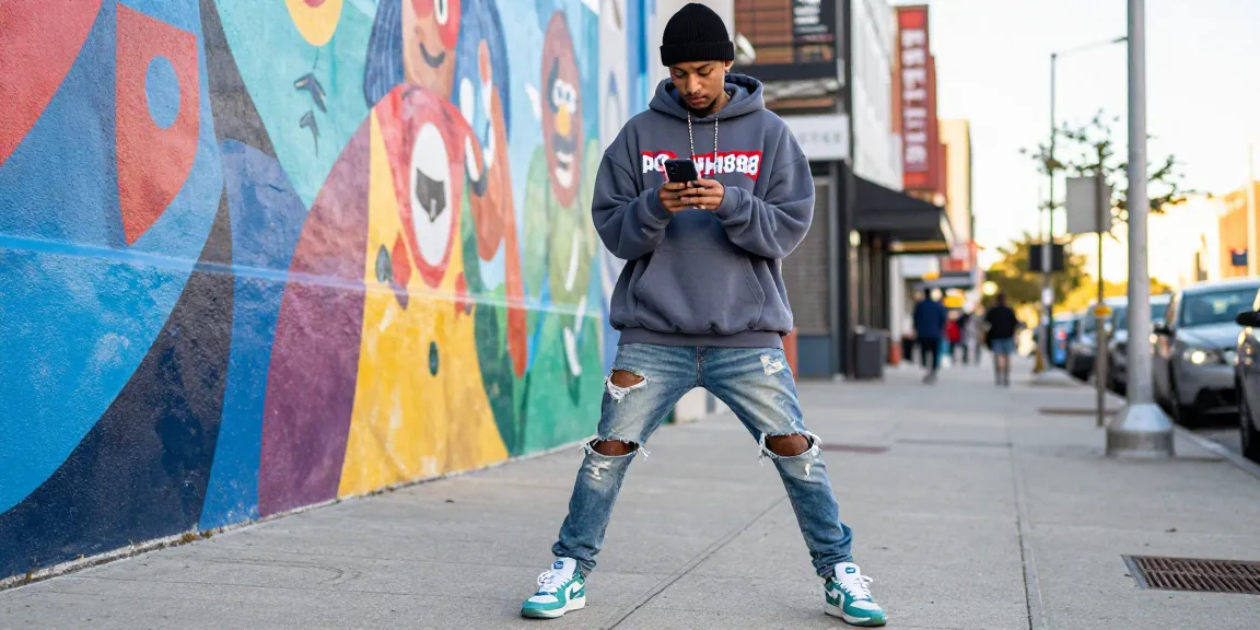 Streetwear enthusiast checking phone for peh888 updates in vibrant urban setting.