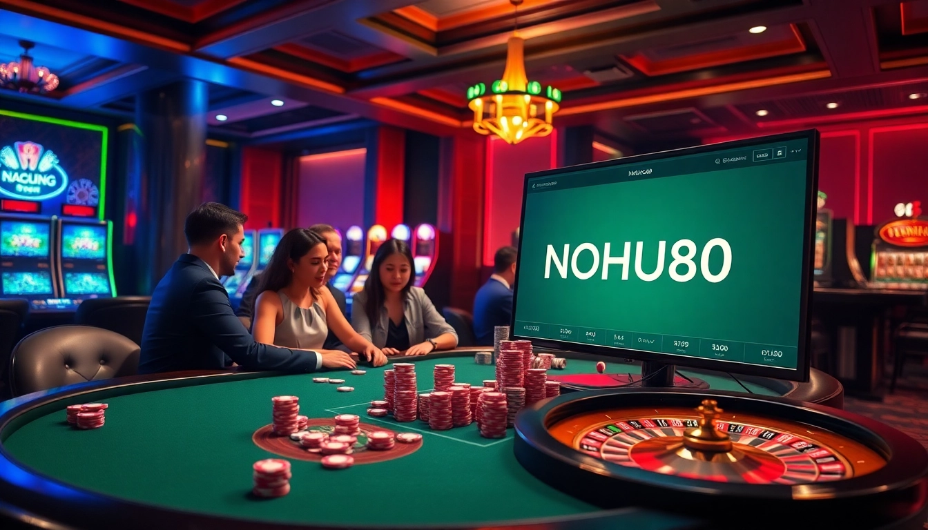 Navigating excitement at nhà cái NOHU90's luxurious casino gaming table with poker and roulette.
