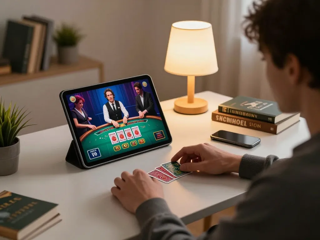 Engaging online session with dn88 tablet displaying live casino action in a cozy home setting.