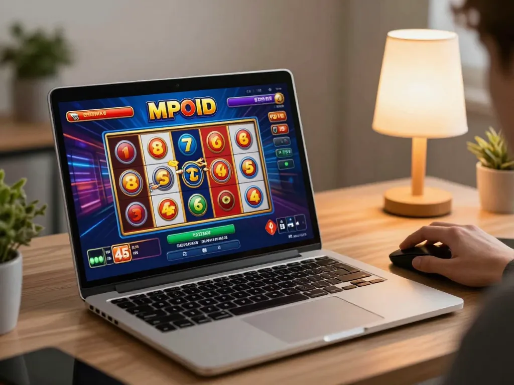 Engaging MPOID online gaming session on a laptop, showcasing interactive slot reels and colorful interface.