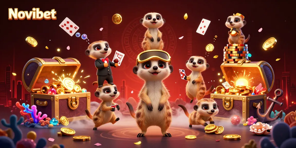 Experience the excitement of Novibet's casino with meerkats managing games and treasures.