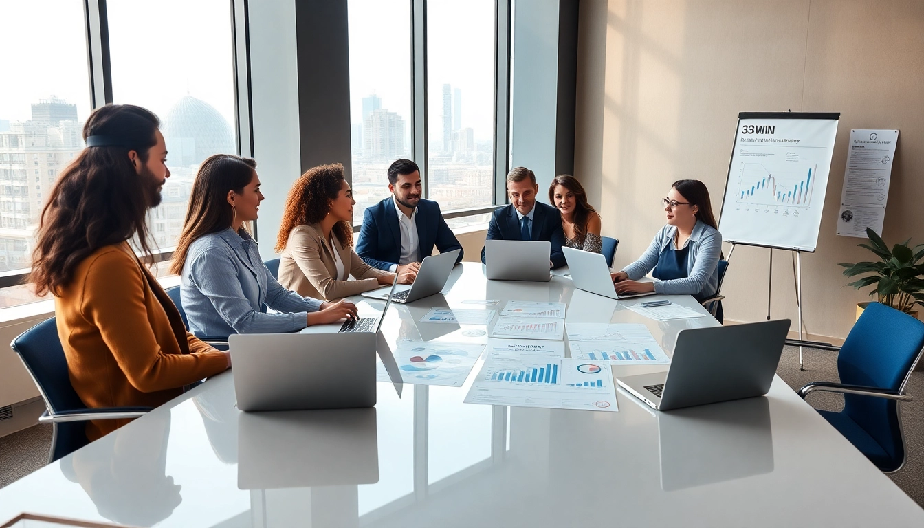 Professional team discussing innovative strategies related to 33WIN in a modern office environment.