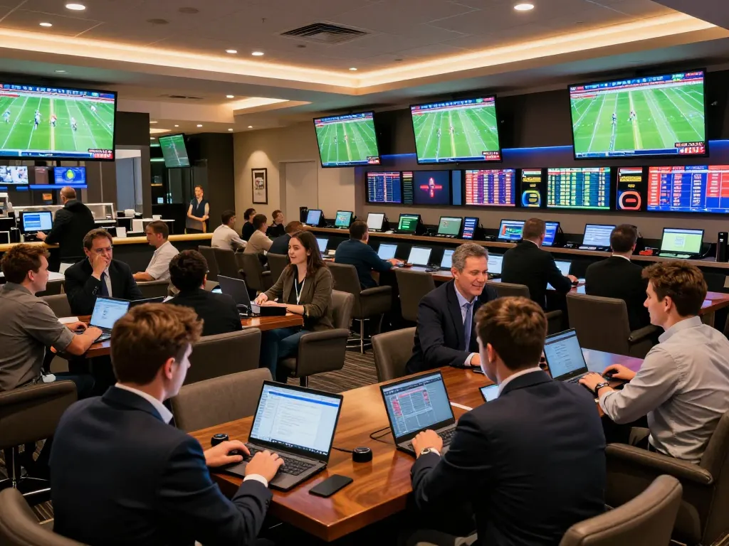 Bettors engaging with live Bongdalu scores and odds in a vibrant sports betting lounge