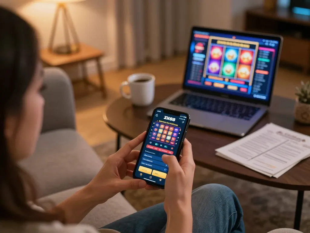 A player engaging with the ZX88 casino app on a smartphone in a comfortable home setting