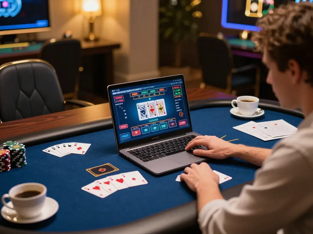 Engaging in online casino gameplay with sc88 cards and betting options displayed on screen in a cozy home setup