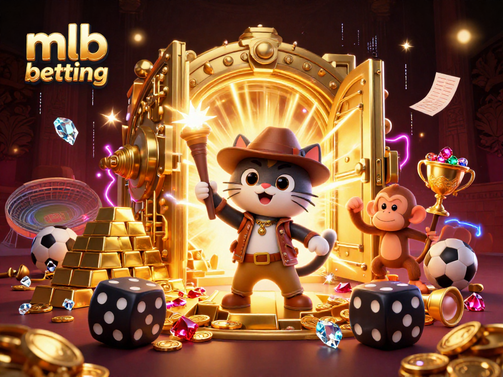 Experience mlb betting with this vibrant 3D illustration featuring a whimsical cat and monkey amidst treasures.