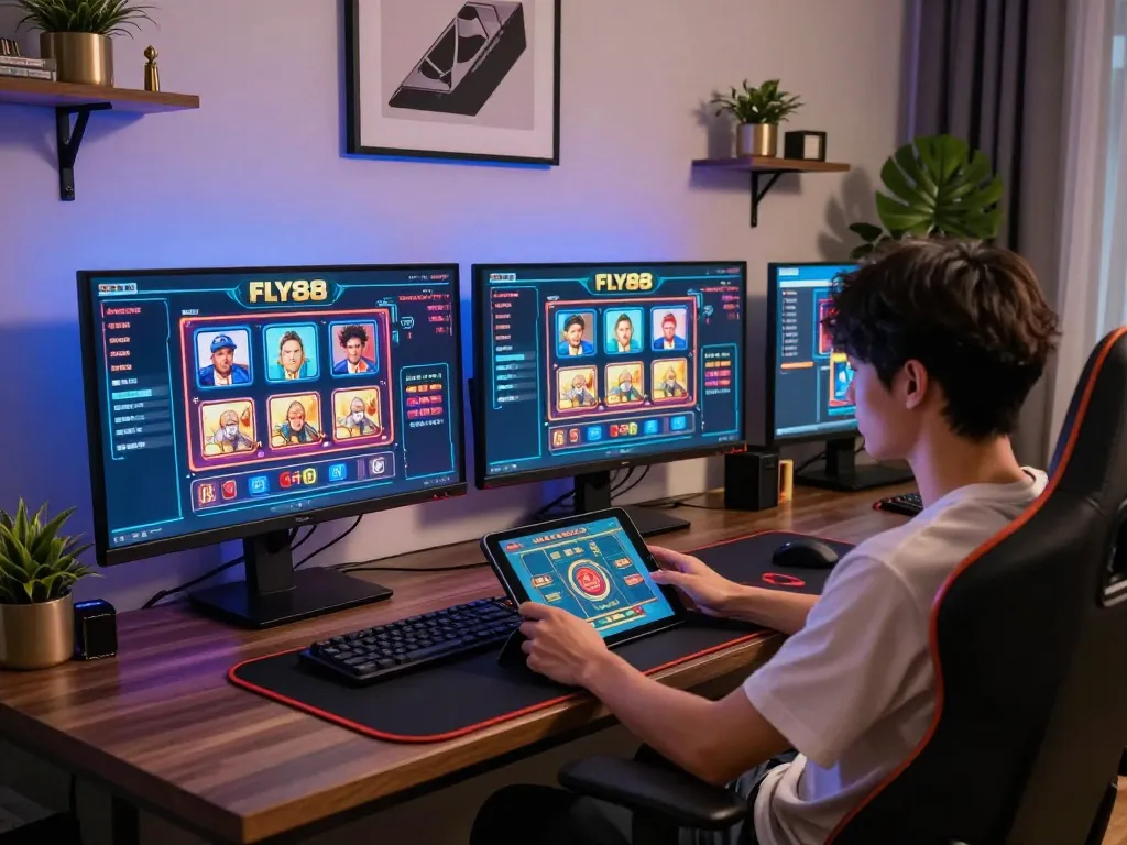 Player strategizing on fly88 casino app in a modern gaming setup with multiple screens.