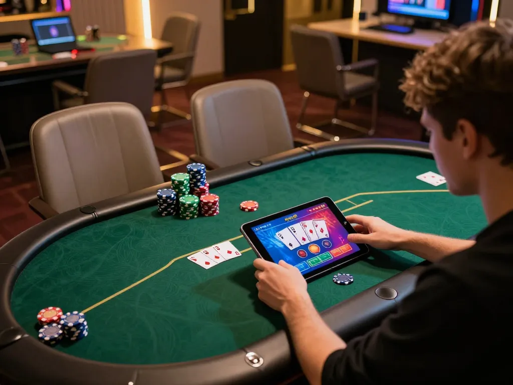 Player engaging in online poker at home via rikvip app, showcasing exciting gameplay and user-friendly interface.