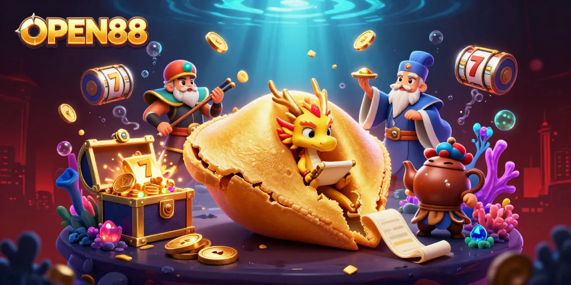 Experience engaging gaming action at OPEN88 with a vibrant illustration of fantasy characters amidst casino elements.