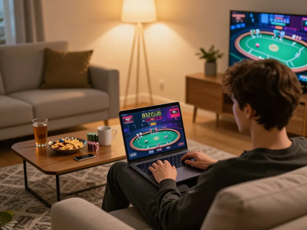 B52club player excitedly engaging in an online poker game from the comfort of home