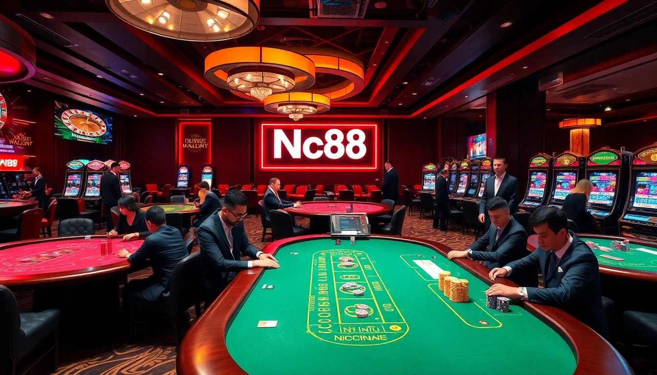 Join high-stakes games at Nc88 casino, featuring vibrant slot machines and intense poker action.