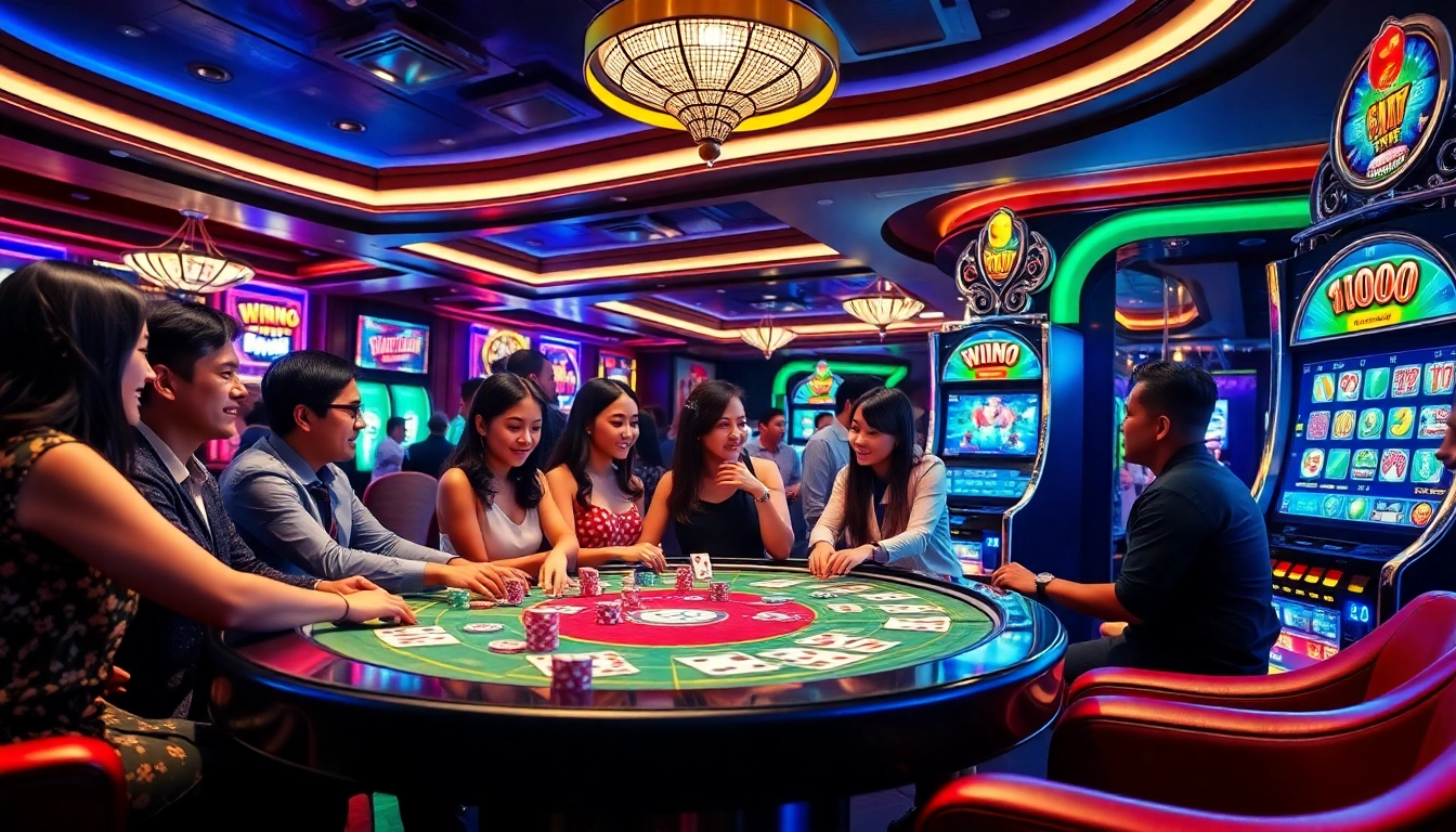 Suasana cerah di kasino yang menampilkan pemain yang terlibat di meja agen slot, menonjolkan kegembiraan dan kemewahan.