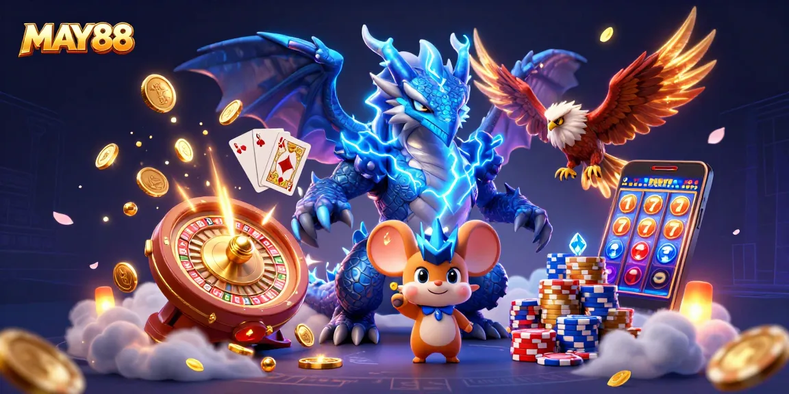 MAY88 showcases thrilling gaming experiences with a thunder dragon, stunning wins and vibrant casino elements flying around.