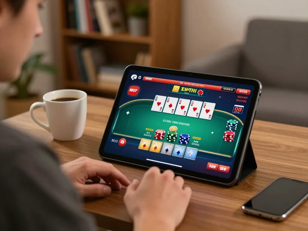 Dewatogel Online gaming experience with user engaged in live dealer poker game, tablet display visible